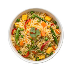 Vegetable biryani in a white bowl top view isolated on white background