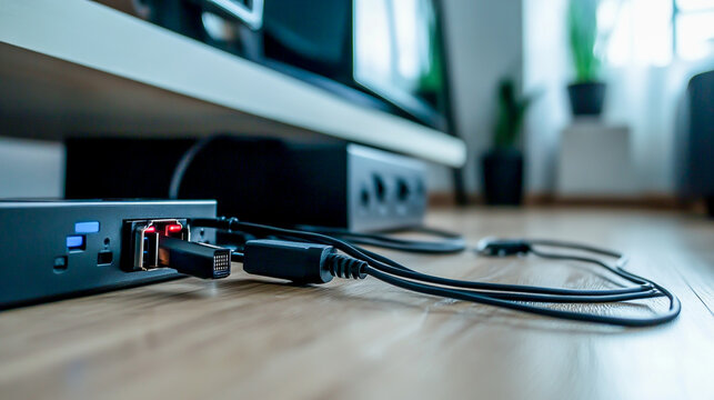 Close-up of USB adapters with charging cables plugged into a power strip on the floor indoors, with visible cords and electronic devices