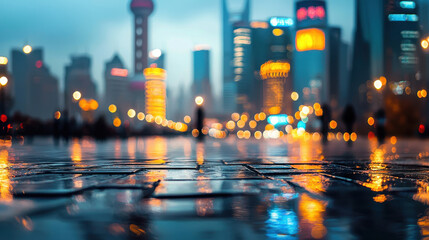 Fototapeta premium rainy cityscape with blurred lights reflecting on wet pavement, creating vibrant and atmospheric urban scene