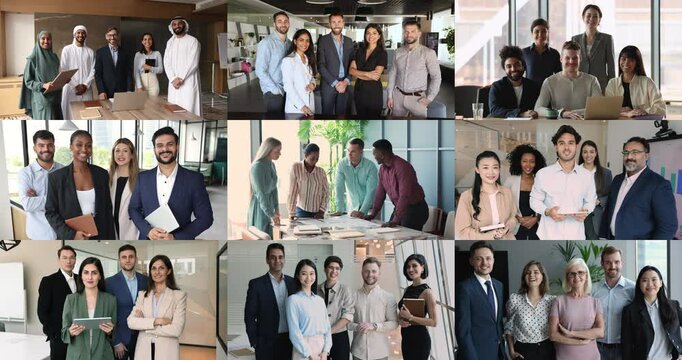 Multiple footages, collage view portraits of different generation and nationality business team posing for camera, give high five celebrate joint success at workplace. Synergy, teambuilding, diversity