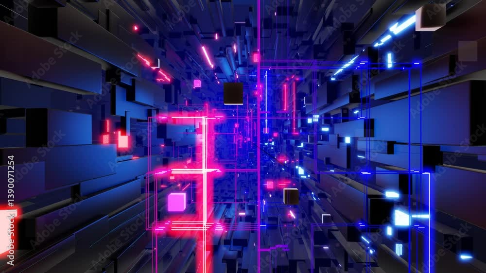 Poster tunnel with neon light. sci-fi bg fly through tech digital space. concept of hi-tech information flo