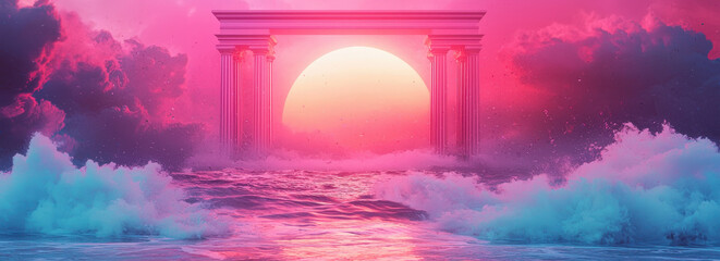 surreal sunset scene with vibrant pink and purple clouds, glowing sun, and ocean waves crashing against classical columns