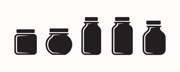  Set of Jar and Container Silhouettes for Kitchen Storage and Packaging Design, Black and White Jar Icon Set for Kitchen, Pantry, and Packaging Uses
