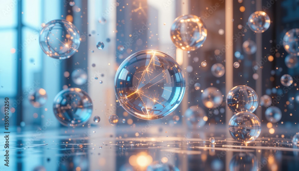 Poster captivating bubbles floating in a modern office space digital art bright environment close-up view c