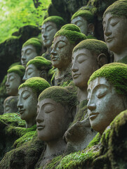 Fototapeta premium Moss covered stone faces of Japanese Buddhist figures with eerie expressions