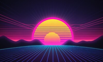 Vibrant retro sunset with neon colors illuminating a digital landscape at dusk