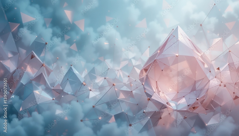 Poster dynamic geometric patterns emerge in soft cloud environment abstract digital art futuristic aestheti