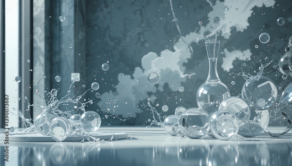Poster dynamic water splashes laboratory setting digital art modern environment close-up view fluid motion 