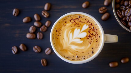 Beautifully crafted latte art in a white cup surrounded by coffee beans on a rustic wooden table
