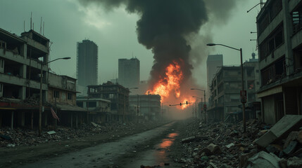 Desolate urban landscape destruction fire smoke abandoned buildings post apocalyptic scene devastation city disaster chaos