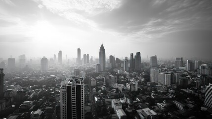 Aerial view of a hazy cityscape at sunrise. Possible use Stock photo for business, travel, or urban design