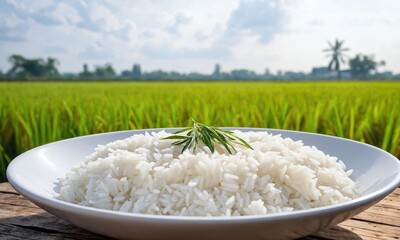 Freshly cooked rice served on a plate with lush rice paddies in the background under a bright sky