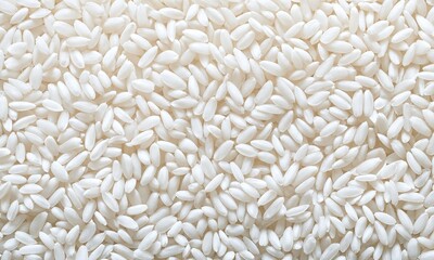 White rice grains arranged closely, showcasing their smooth texture and natural shine under bright lighting
