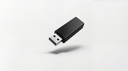 Minimalist Floating Black USB Flash Drive on White Background.