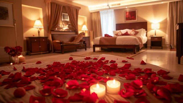 Romantic hotel room setup with rose petals on the bed and lit candles, creating a cozy and intimate atmosphere.

