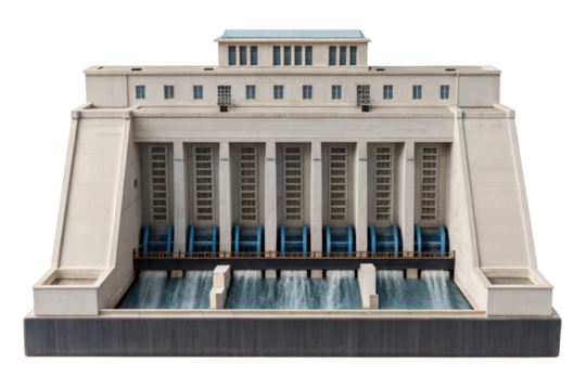 Large dam model with flowing water features isolated with transparent background