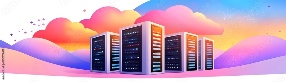 Poster cloud servers floating above ground cybersecurity and data protection in cloud computing digital lan