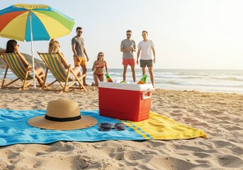 A group of people enjoying a beach vacation together, with the sun shining bright