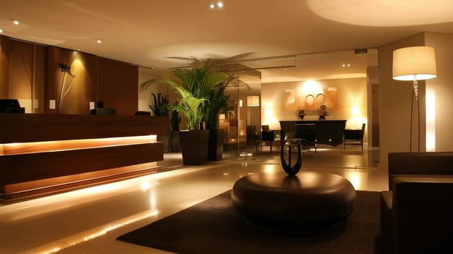 Modern hotel reception area with warm ambient lighting, sleek furnishings, and a welcoming atmosphere.


