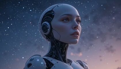 Futuristic android contemplating in a starry night sky  