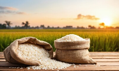 Rice sacks overflowing with grains sunset over lush green paddy fields in rural farmland