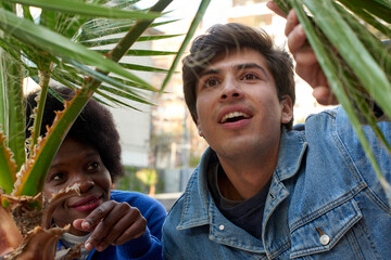 Two friends enjoying a moment inside a city porch adorned with a palm plant, showcasing urban greenery