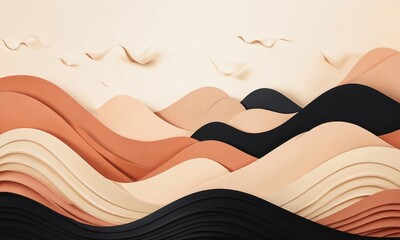 Stylized paper waves create an abstract landscape with warm colors and flowing lines at sunset