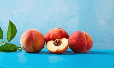 Fresh peaches displayed on a bright blue surface with a cut fruit revealing juicy flesh and stone