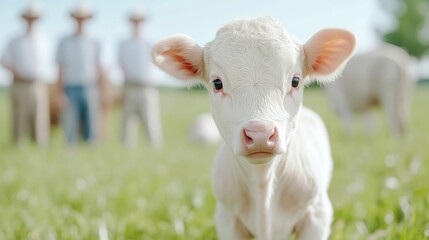Obraz premium White Calf Farmers Background, Soft Natural Lighting, Close-up Portrait View, Gentle Expressions, Curious Gaze, Pasture Setting, Warm Sunny Hues, Agricultural Advertising.
