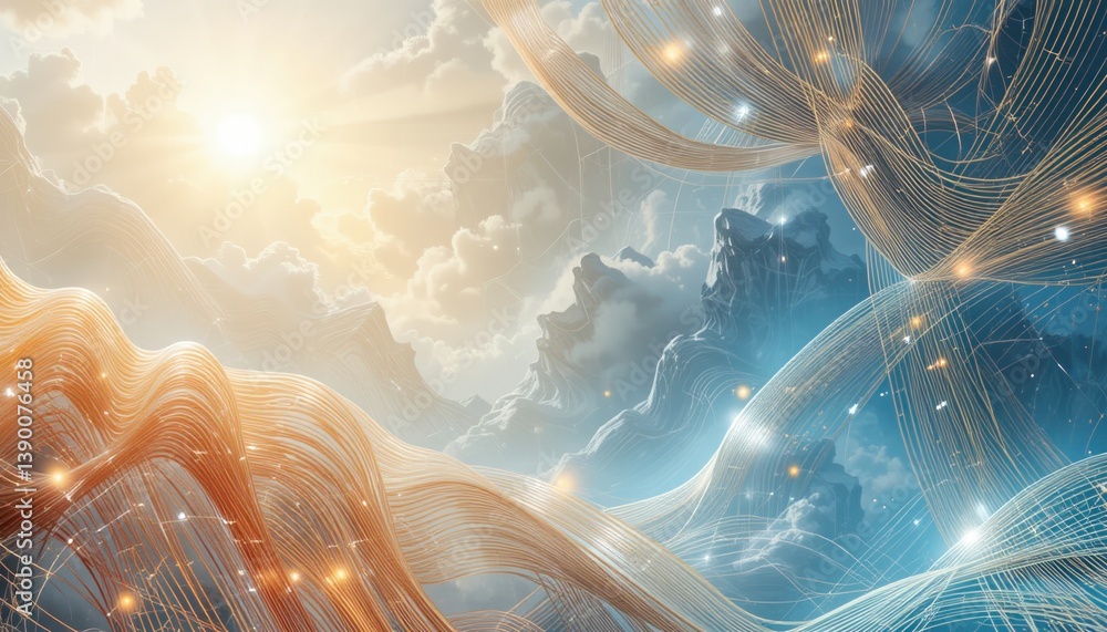 Poster dynamic light patterns and ethereal waves abstract art composition digital environment atmospheric p