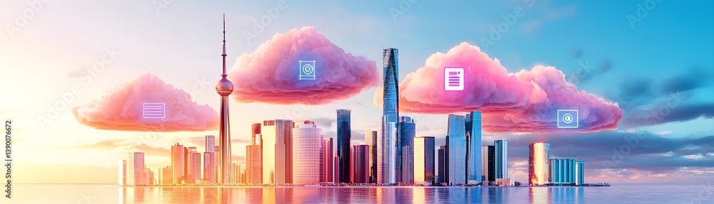 Poster cloud computing and cybersecurity protecting data in a futuristic city skyline urban environment dig