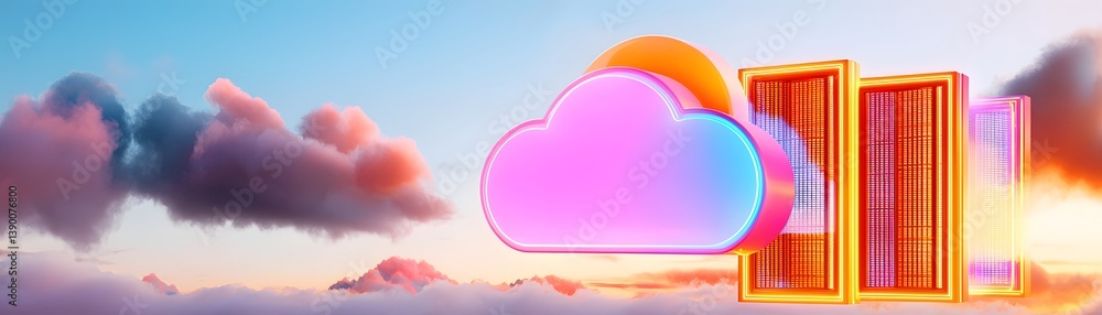 Poster futuristic cloud computing hub in the sky for data protection and cybersecurity digital environment 