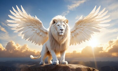 Majestic winged lion stands on a rocky outcrop against a stunning sunset backdrop