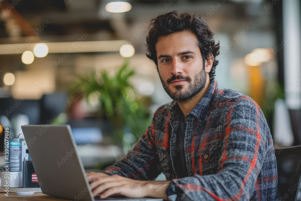 Poster a programmer sits on a laptop writing code to develop a business application in a modern office.