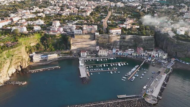 Aerial View of Villa Fondi and the Port of Piano di Sorrento on the Scenic Tufo Coast, Italy