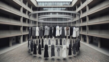 A visual arts building courtyard with a large suspended ring hol