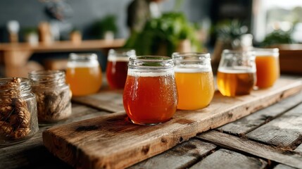 An inviting presentation of refreshing craft beers served in jars on a rustic wooden surface, showcasing diverse colors and textures against a natural backdrop.