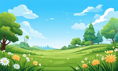 Vibrant summer landscape with blooming flowers and lush greenery under a clear blue sky