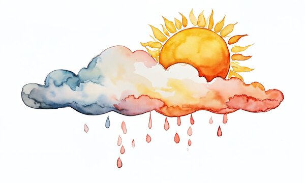 Bright sun peeking through colorful clouds with raindrops at sunset