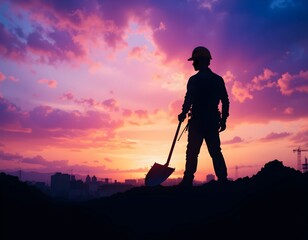 A construction worker holding a shovel silhouetted against a vibrant sunset sky. Symbol of hard work, labor, and dedication in the construction industry.