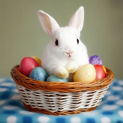 A white rabbit rests in a basket filled with colorful Easter eggs.