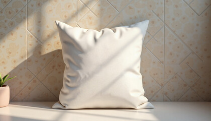 White pillow resting in sunlight against a textured wall,  Mockup  