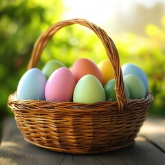 Naklejka premium A vibrant basket filled with colorful eggs sits atop a table, celebrating the spirit of Easter.