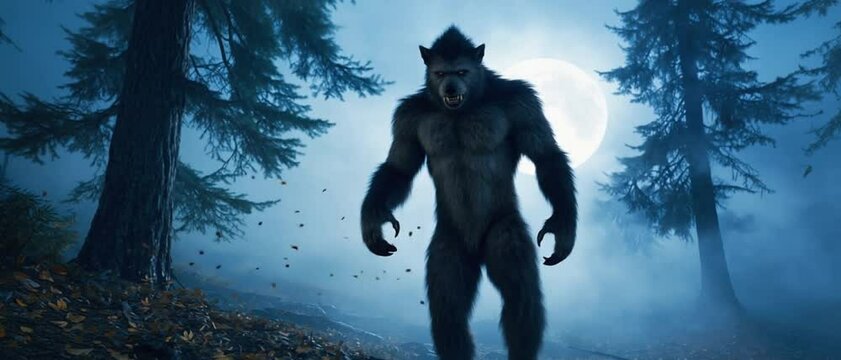 A terrifying werewolf strides through a foggy forest at night as the full moon glows behind him. Concept of horror fantasy, supernatural power, and mythical transformation. cinematic style.
