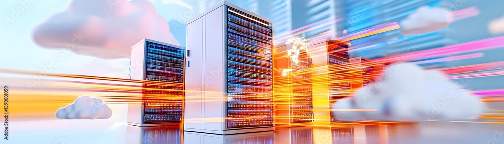 Poster cybersecurity in cloud computing floating data protection servers digital horizon futuristic environ