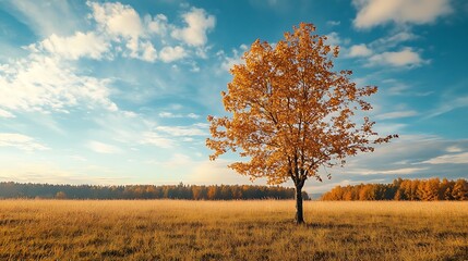 Fototapeta premium Solitary autumn tree in golden field.
