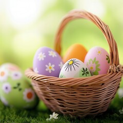 A basket filled with colorful Easter eggs resting on vibrant green grass.