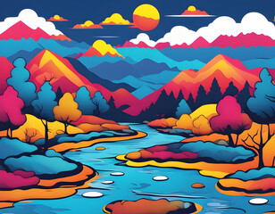 colorful river with cool isolated pop art style background
