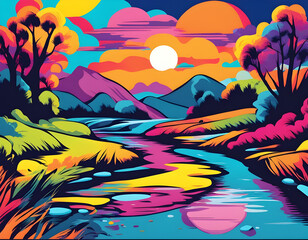 colorful river with cool isolated pop art style background