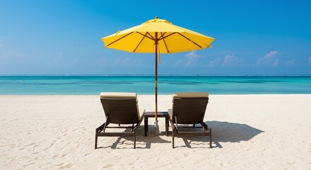 Relaxing scene with beach chairs and umbrella on a sunny beach. A yellow umbrella provides shade for two beach chairs and a small table